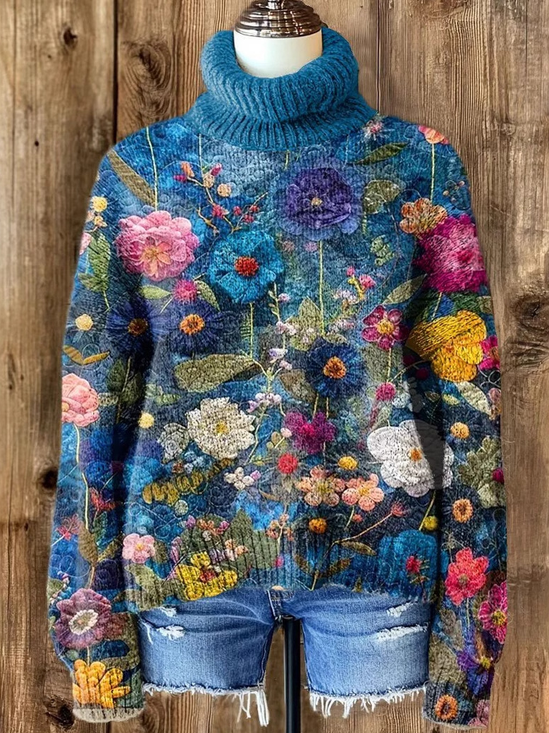 Floral Casual Turtleneck Sweatshirt