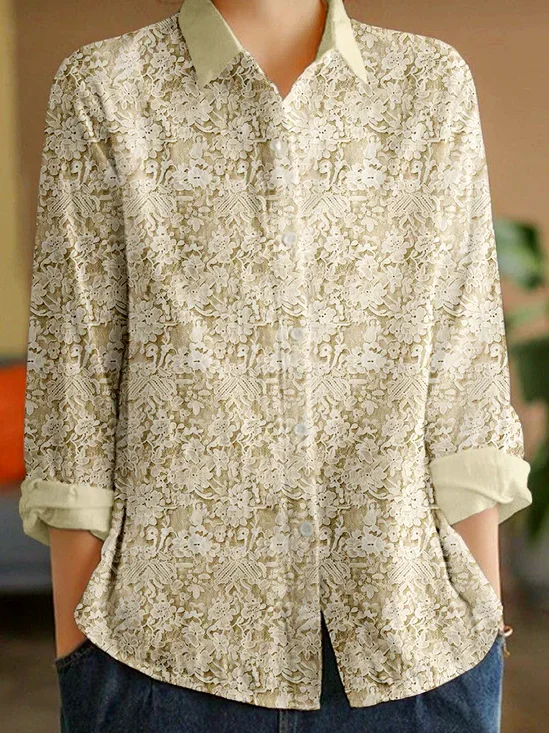Casual Vintage Floral Lace Long Sleeve Shirt
