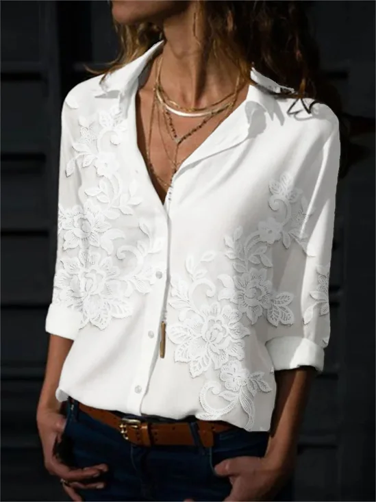 Casual Vintage Floral Lace Long Sleeve Shirt