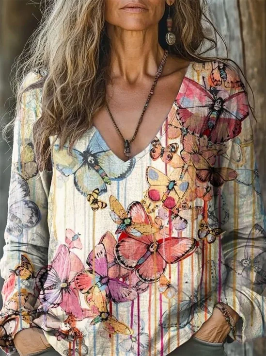 Casual V Neck Striped Loose T-Shirt