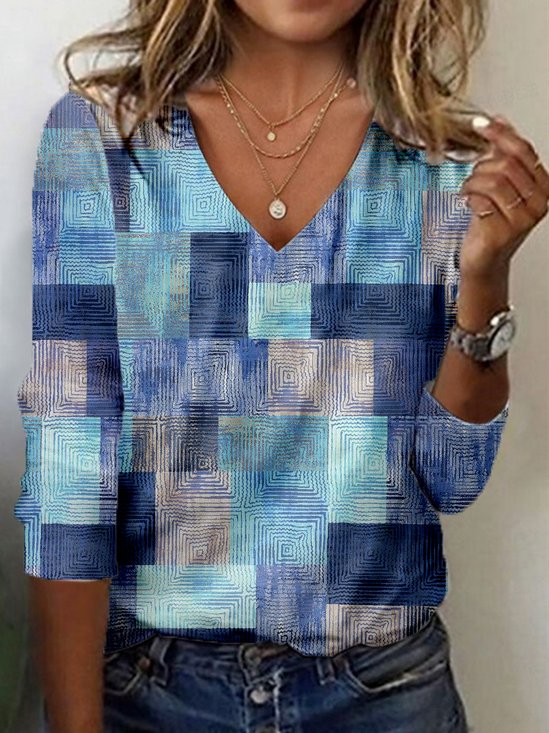 Geometric Print Long Sleeve V-Neck T-shirt