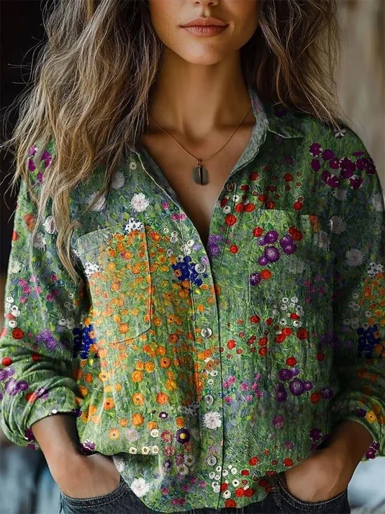 Shawl Collar Loose Ethnic Ditsy Floral Shirt