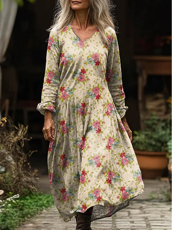 Women's Vintage Lovely Floral Art Print Pocket Cotton Dress