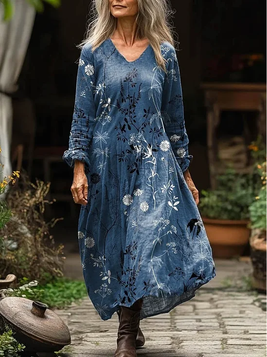 Women's Vintage Lovely Floral Art Print Pocket Cotton Dress