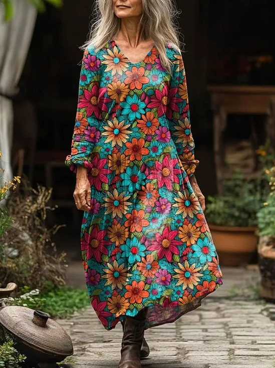 Women's Vintage Lovely Floral Art Print Pocket Cotton Dress