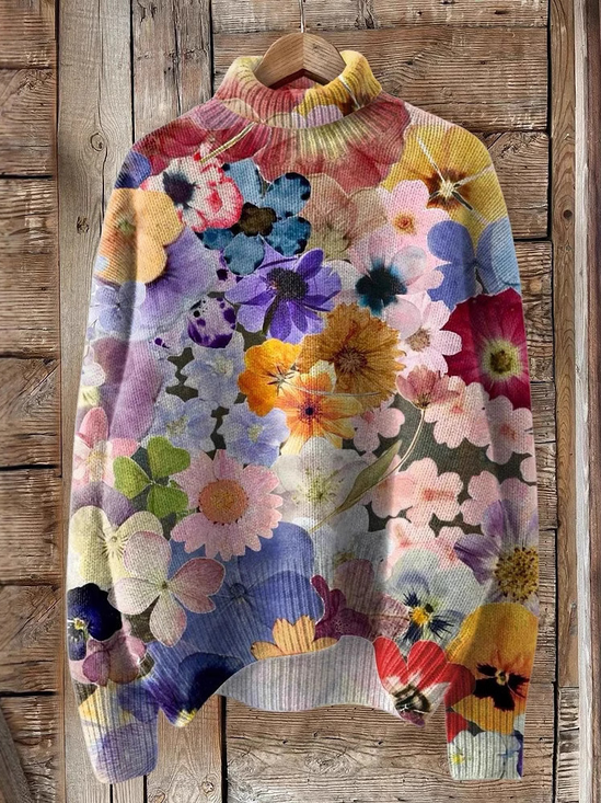 Casual Floral Turtleneck Sweatshirt