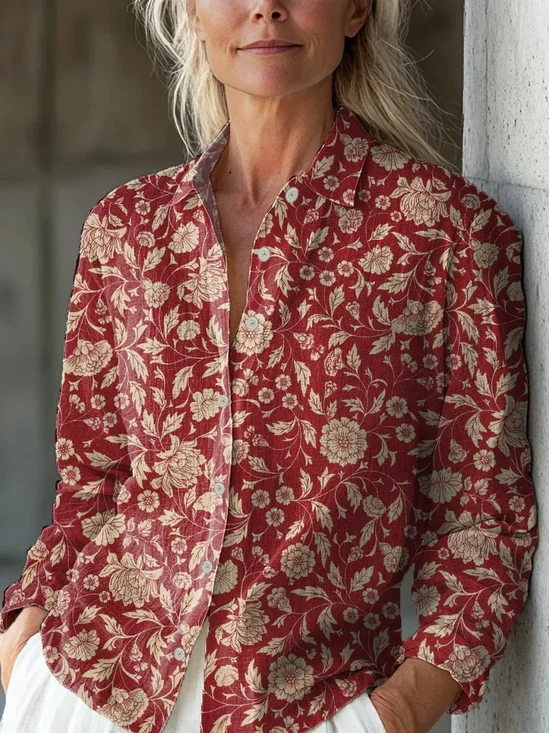 Women's Vintage Floral Print Casual Linen Cotton Shirt