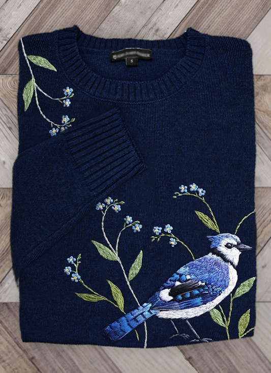 Classy Blue Bird & Floral Embroidered Cozy Sweater