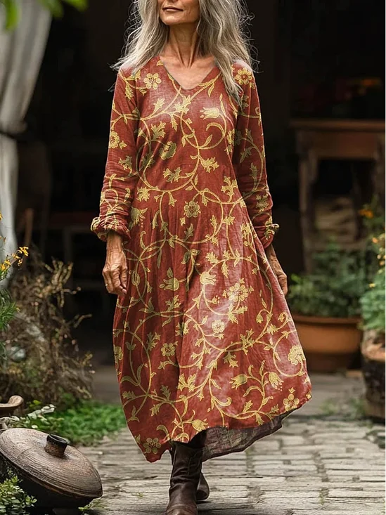 Women's Vintage Lovely Floral Art Print Pocket Cotton Dress
