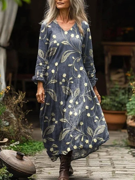 Women's Vintage Lovely Floral Art Print Pocket Cotton Dress