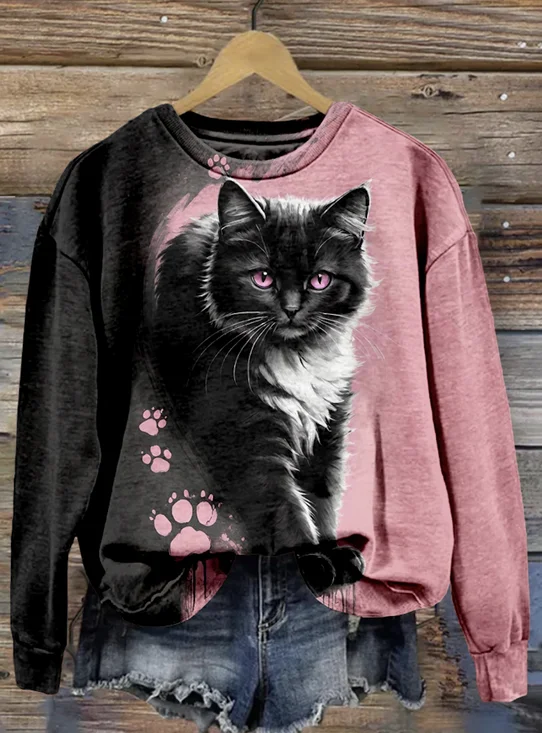 Black Cat Art Round Neck Sweatshirt