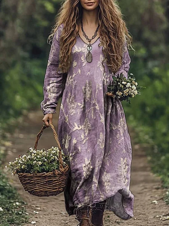 Floral Print Long Sleeve V-neck Dress