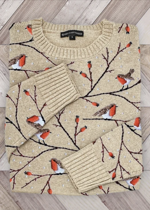 Birds on Branch Embroidery Pattern Cozy Knit Sweater