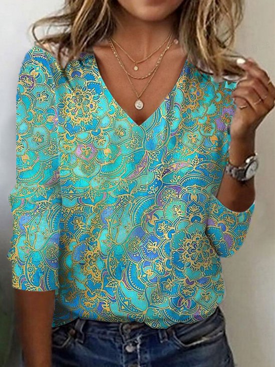 Ethnic Print Long Sleeve V-Neck T-shirt