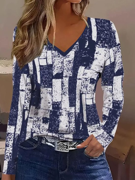 Vintage Print Casual V-neck Denim Loose Shirt main image 1