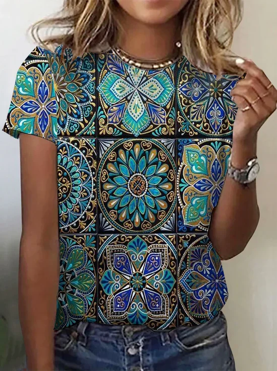 Ethnic Print Short Sleeve Crew Neck T-shirt