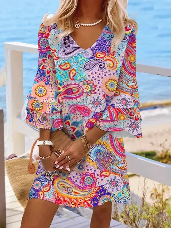 Ethnic Casual V Neck Dress With No