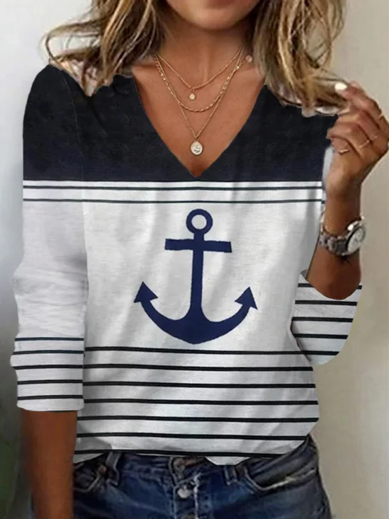 Anchor Print Long Sleeve V-Neck T-shirt
