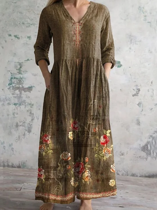 Women's Vintage Lovely Floral Art Print Pocket Cotton Dress