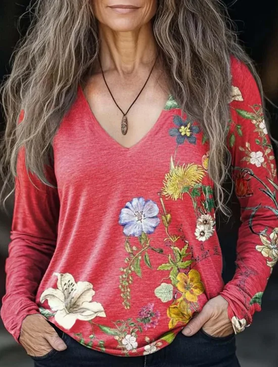 Vintage Lovely Floral Art Print V Neck Casual T-Shirt
