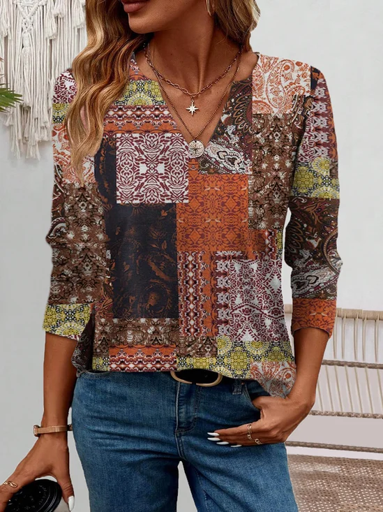 Botanical Pattem Long Sleeve V-neck Blouses