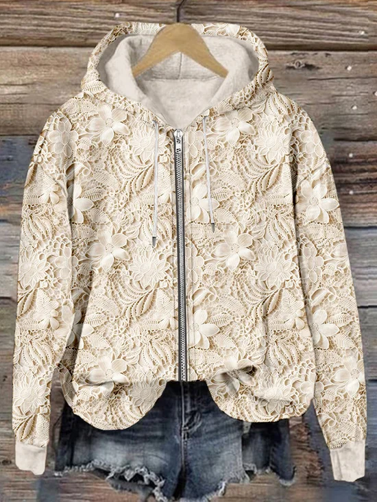 Retro Plant Flower Zipper Comfortable Hoodie
