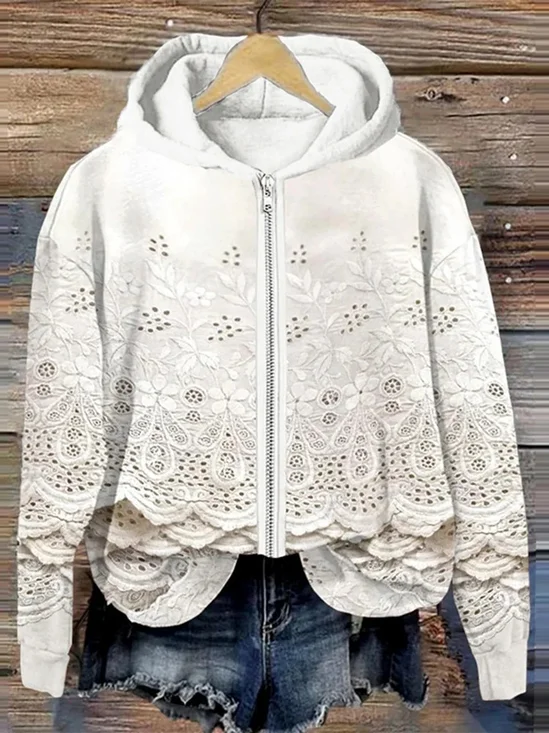 Vintage Floral Embroidered Lace Art Full Zip Hoodie