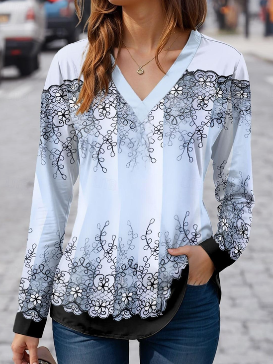 Women's  Print Long Sleeve Regular Tops V Neck Vacation Daily Blue Spring & Fall