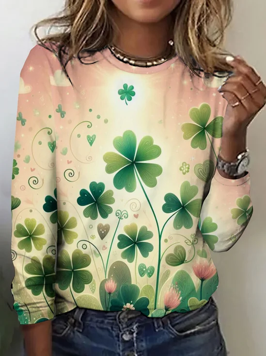 Four leaf clover gradient color long sleeved T-shirt