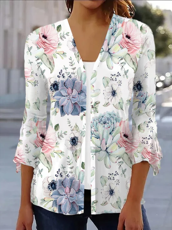Floral Print Long Sleeve Shawl Jacket