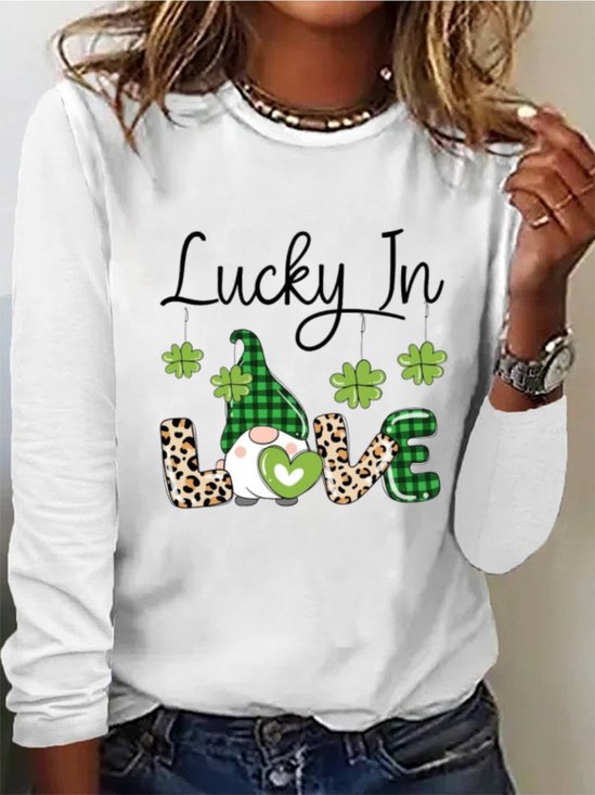 Four Leaf Clover Print Long Sleeve Crew Neck T-shirt