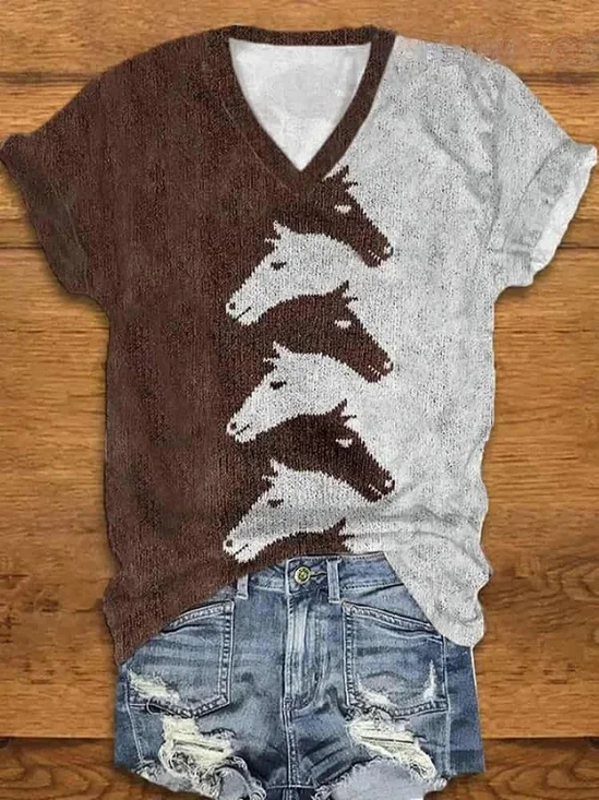 Print Casual V Neck Short Sleeve T-Shirt