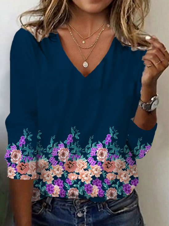 Floral Print Long Sleeve V-Neck T-shirt