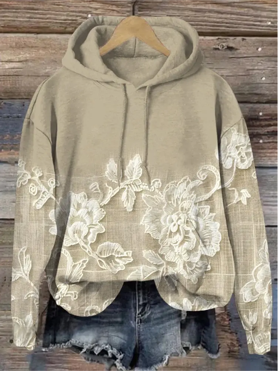 Gradient Vintage Floral Lace Embroidered Print Casual Sweatshirt Hoodie