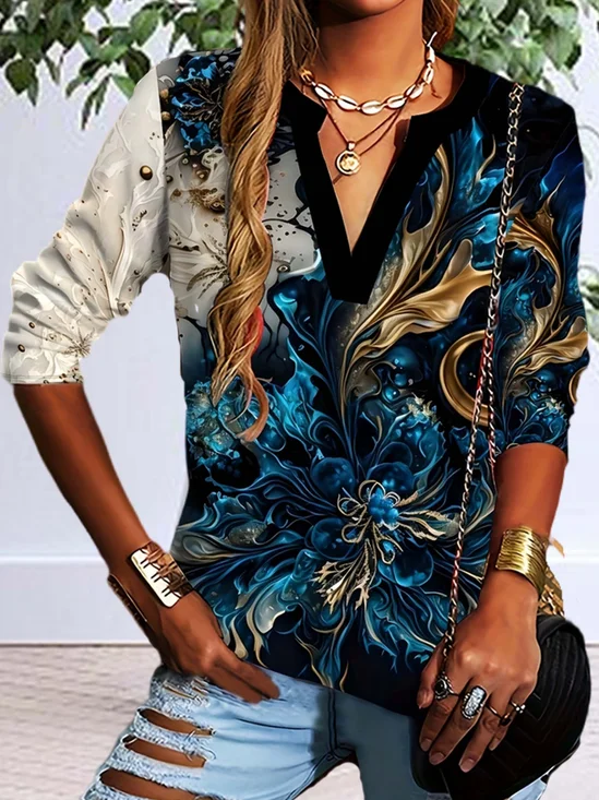 Print Casual V Neck Long Sleeve T-Shirt