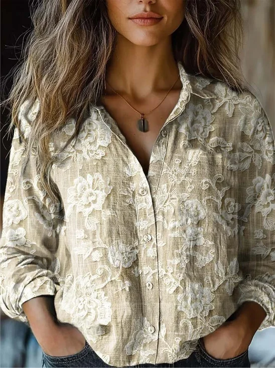 Women's Vintage Floral Print Casual Linen Cotton Shirt