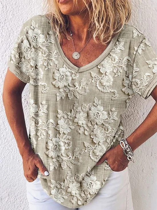Elegant Floral Lace Embroidered V Neck T-Shirt