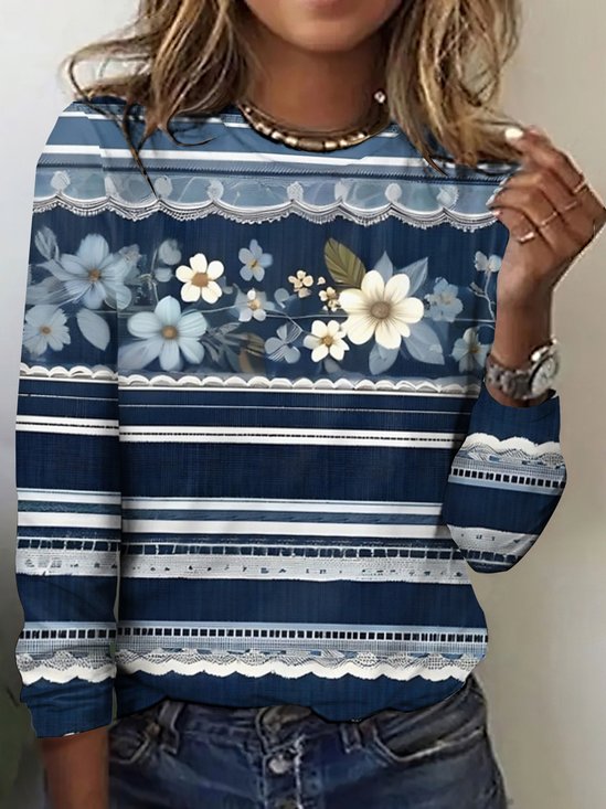Vintage striped floral color blocked long sleeved T-shirt