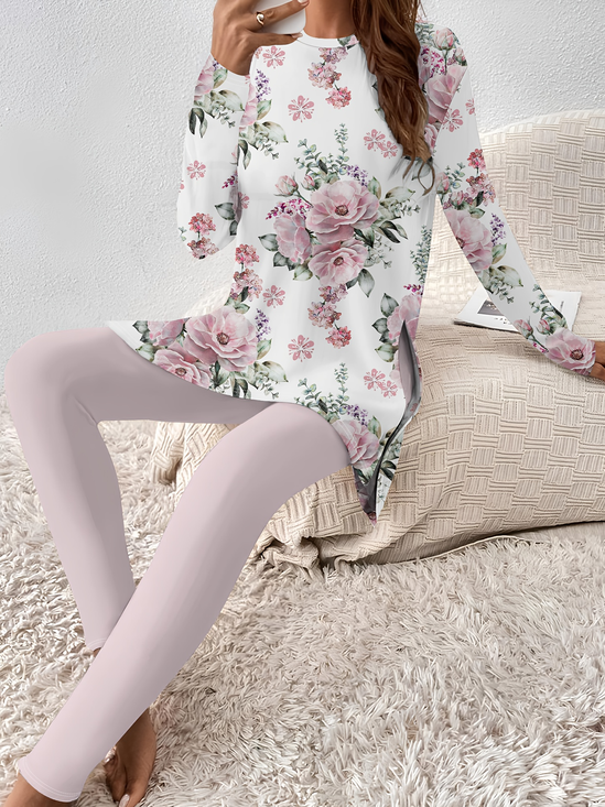 Floral Print Long Sleeve Crew Neck Two Piece Set