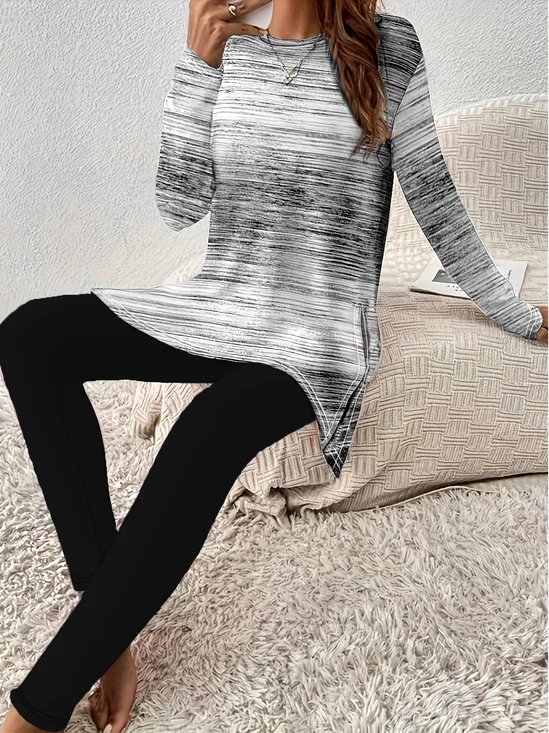 Women's Abstract Daily Going Out Two-Piece Set White Casual Spring/Fall Top With Pants Matching Set