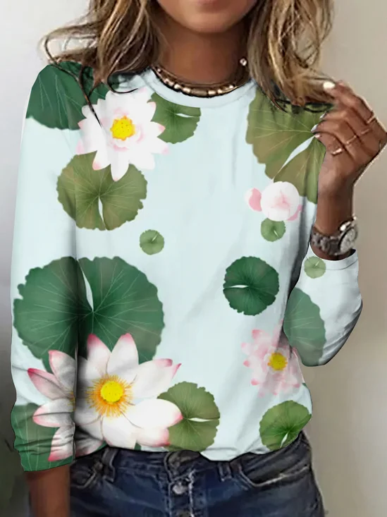 Lotus pattern printed long sleeved T-shirt