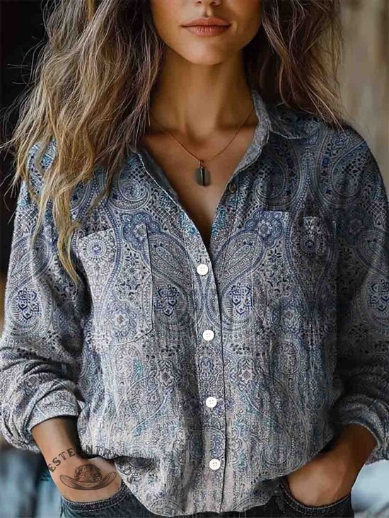 Women's Vintage Folk Floral Art Print Long Sleeve Comfortable Cotton Shirt
