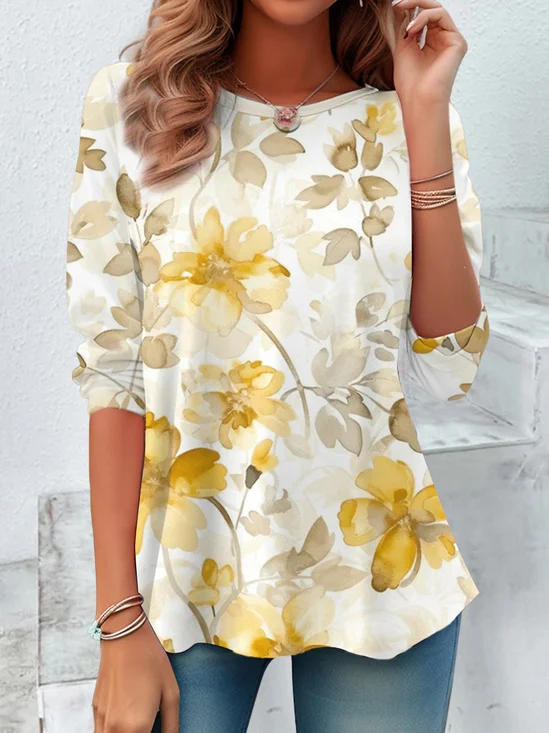 Floral Print Long Sleeve Crew Neck T-shirt
