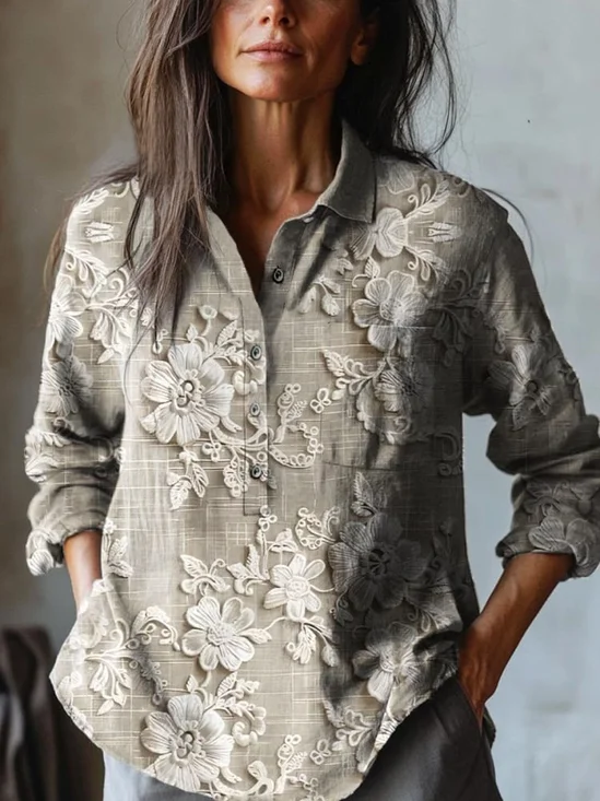 Vintage embroidered floral Henry collar long sleeved shirt