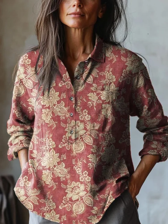 Women Vintage Floral Spring/Fall Cotton No Elasticity Daily Regular Fit Regular Henley Collar Shirts