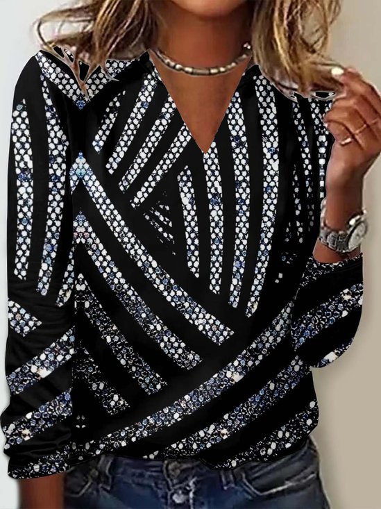 Print Casual V Neck Long Sleeve T-Shirt