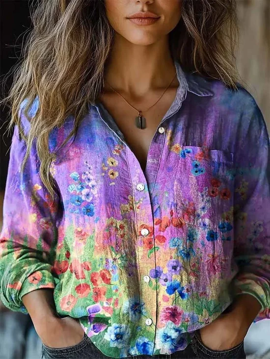 Loose Gradient Pattern Casual Shawl Collar Shirt