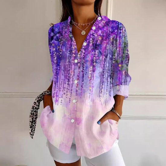 Women's Purple Art Flowers Print Casual Long Sleeve Shirt