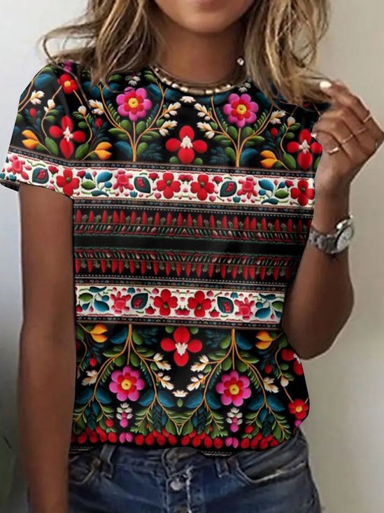 Vintage floral embroidery short sleeved T-shirt