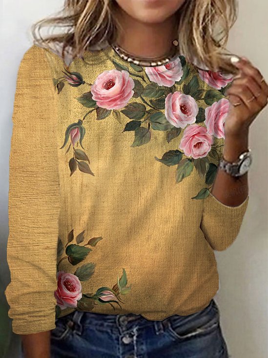 Women's Long Sleeve T-shirt Spring/Fall Yellow Floral Cotton Crew Neck Daily Going Out Casual Top